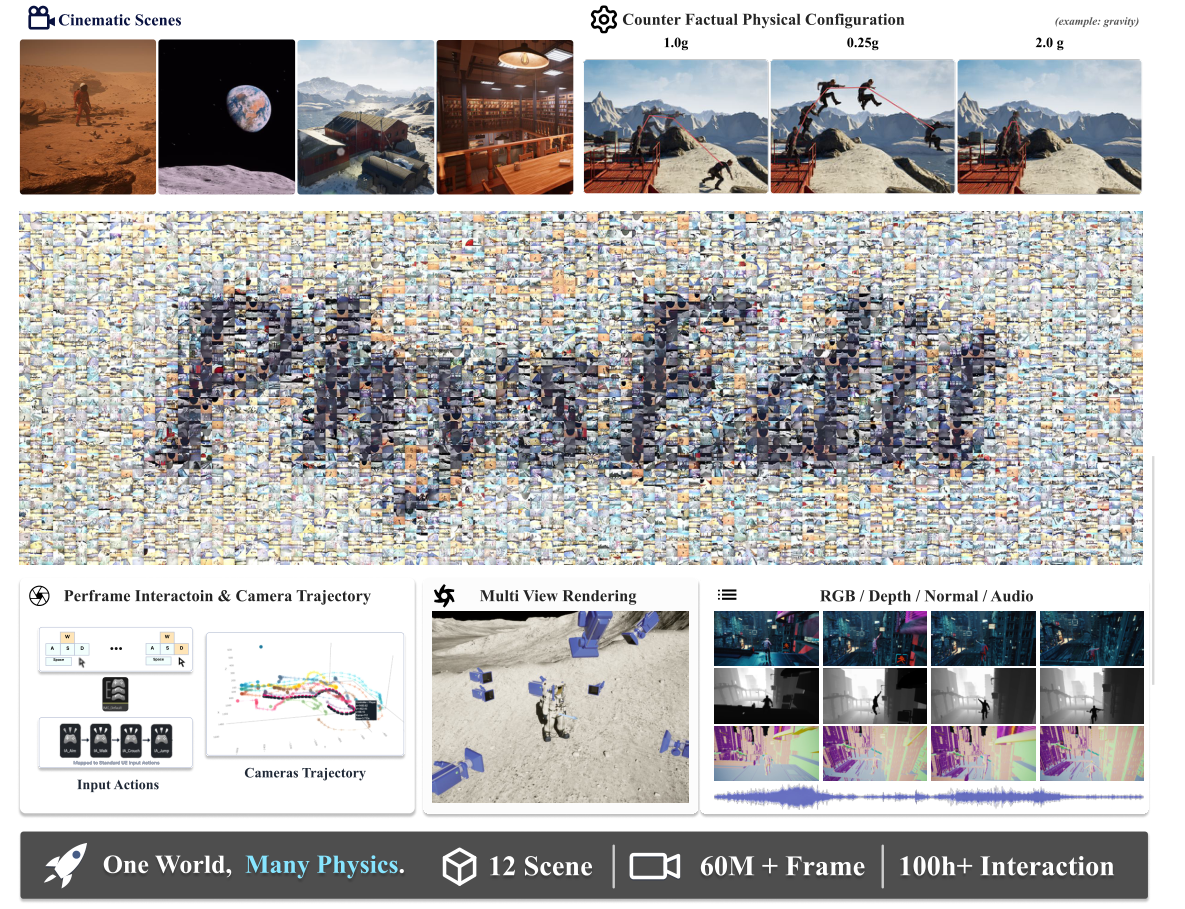 Overview of PhysEditWorld with cinematic scenes, gravity variants, interaction traces, camera trajectories, and multimodal render outputs.